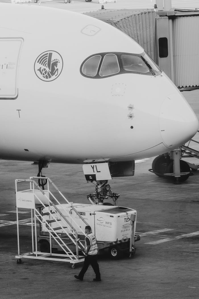 A monochrome image showing an airport ground crew member attending to a parked airplane.