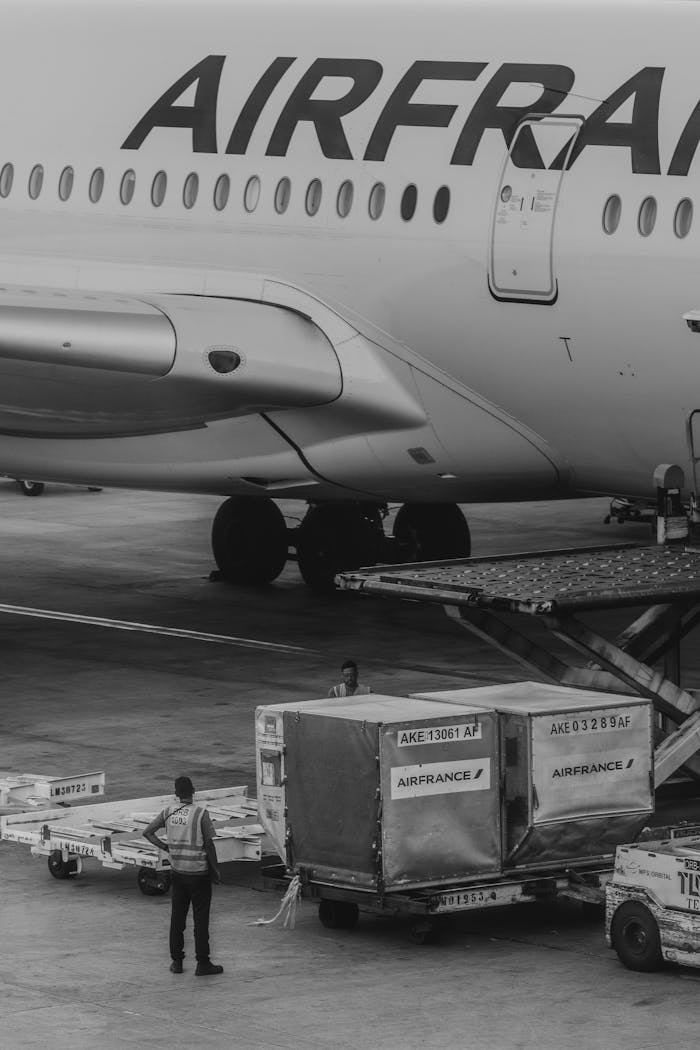 Monochrome image of Air France airplane cargo operations with worker overseeing loading.